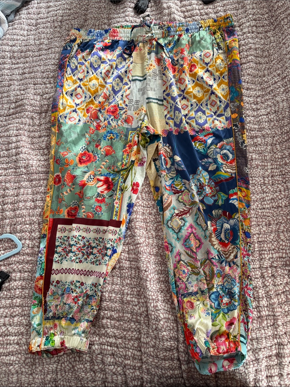 NWOT Johnny Was Multicolor Floral Patchwork Silk Joggers - Teal, Navy, Yellow